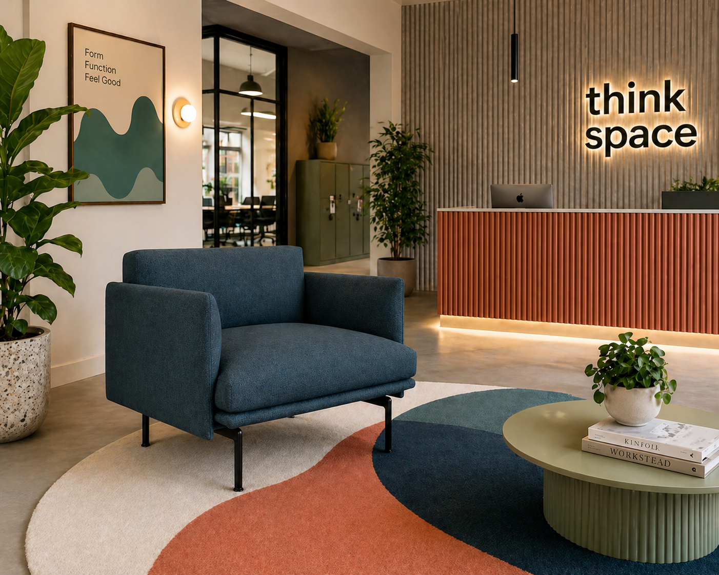 Modern interior design with a blue armchair, colourful rug, reception area.
