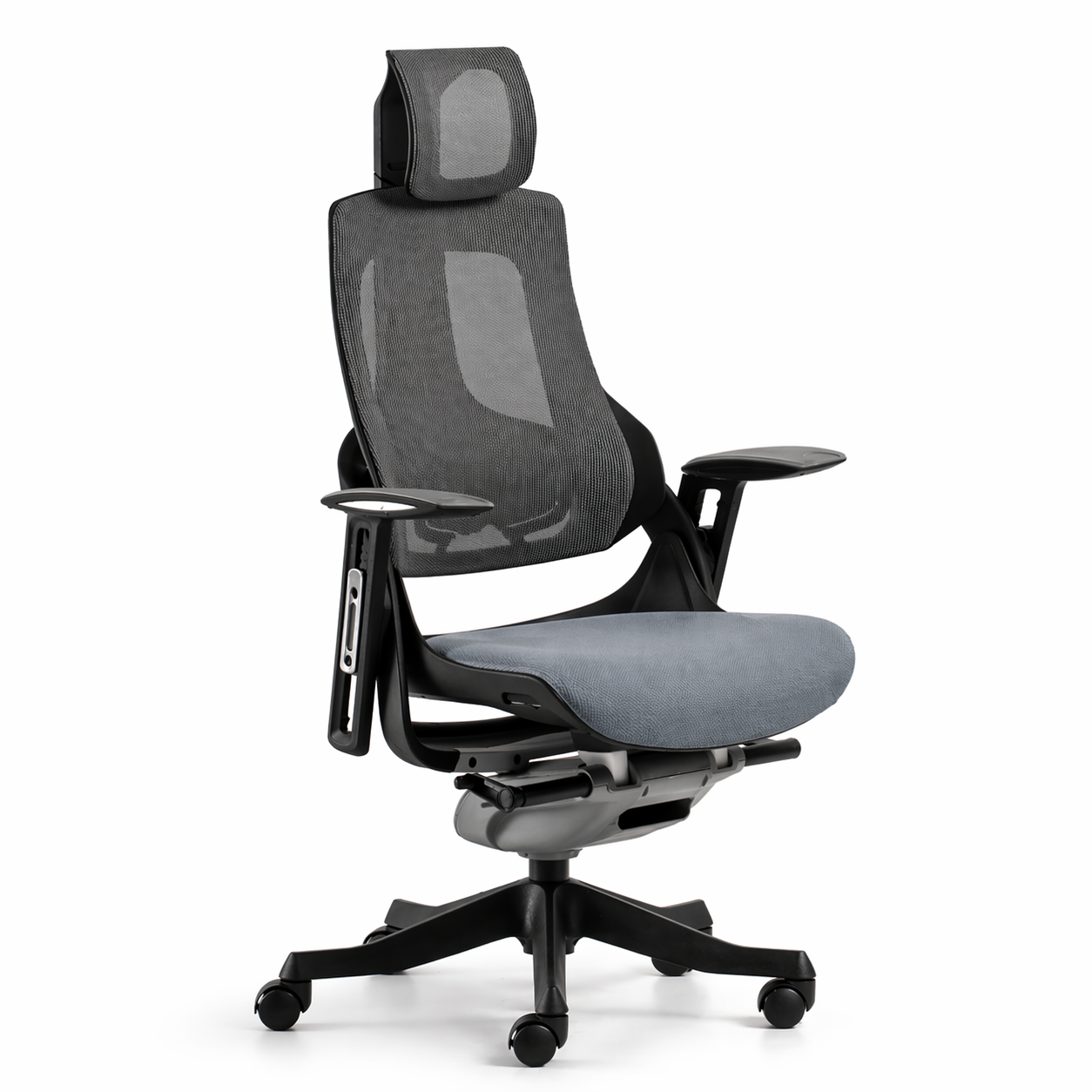Ergonomic office chair with mesh back and gray seat on a white background