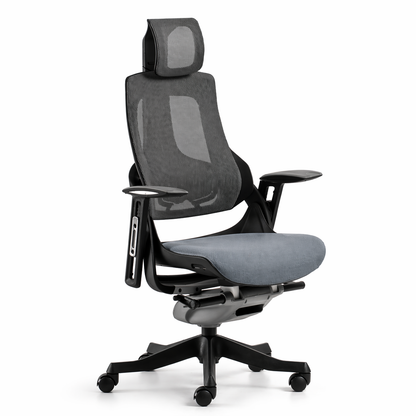 Ergonomic office chair with mesh back and gray seat on a white background