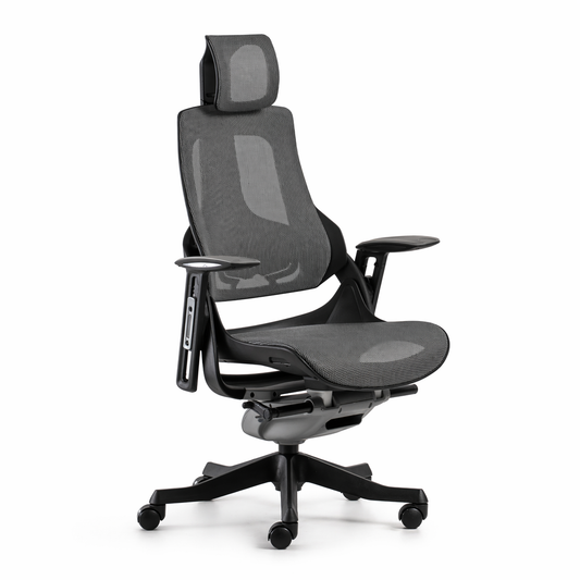 Grey mesh ergonomic office chair wit headrest on a white background