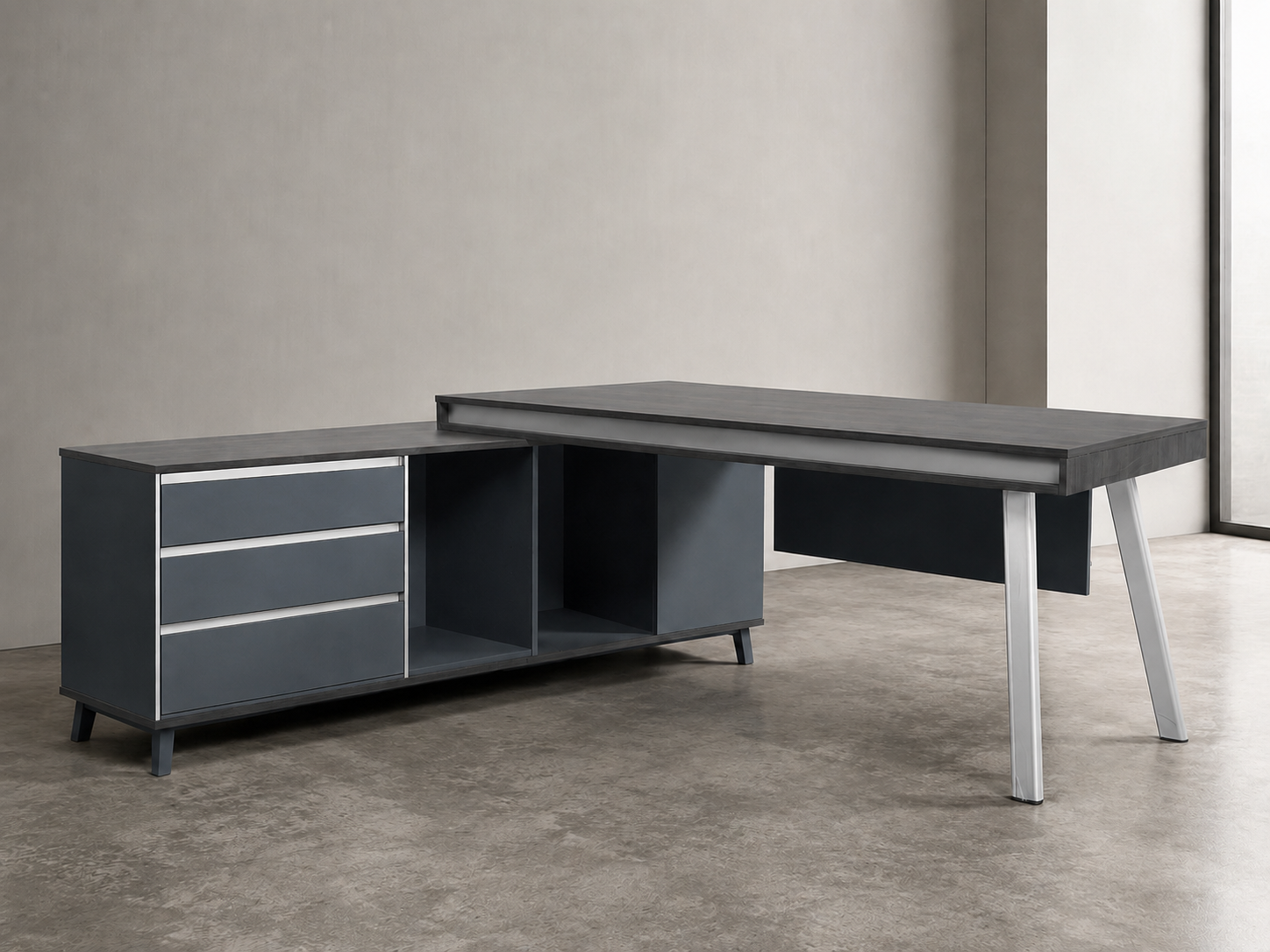 Modern office desk with storage cabinets in a minimalistic setting