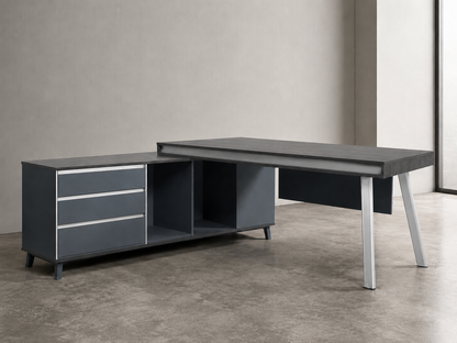 Modern office desk with storage cabinets in a minimalistic setting