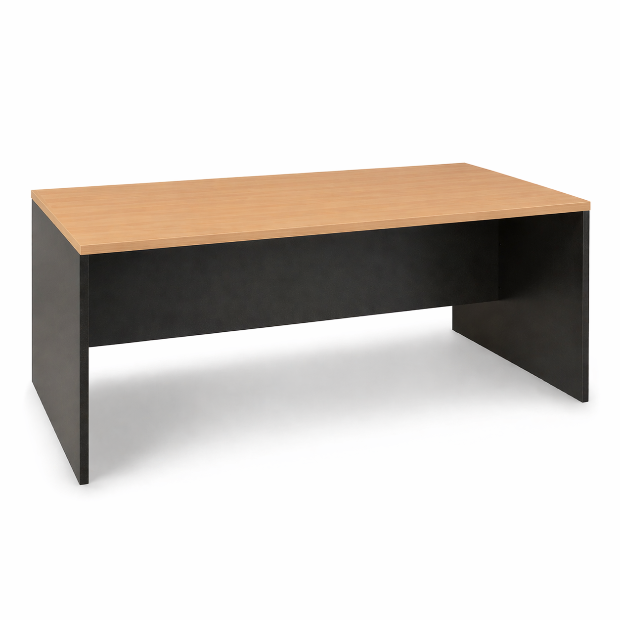 Wooden desk with black base on a white background