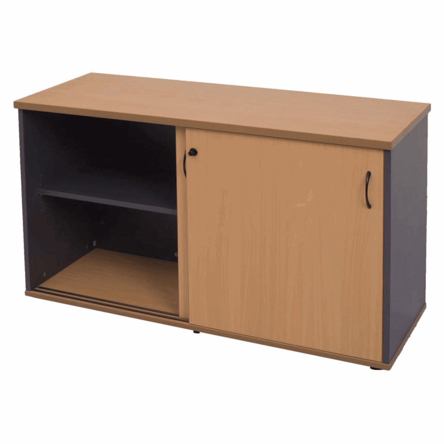 A office storage cabinet with a pair of black sliding doors, made of particleboard with ABS edging, designed for office use.