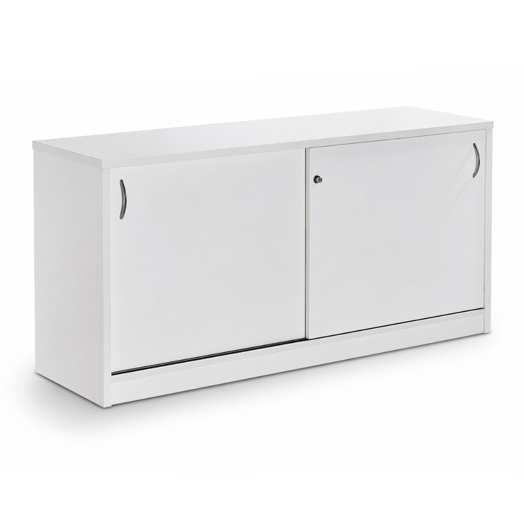 White storage buffet with two sliding doors on a white background