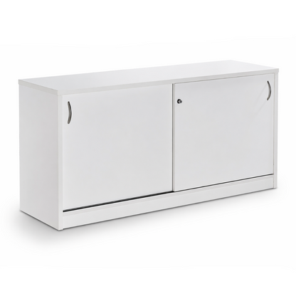 White storage buffet with two sliding doors on a white background