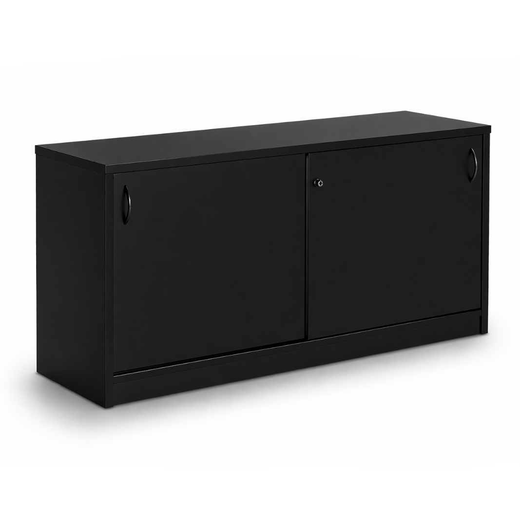 Black cabinet with two doors on a white background
