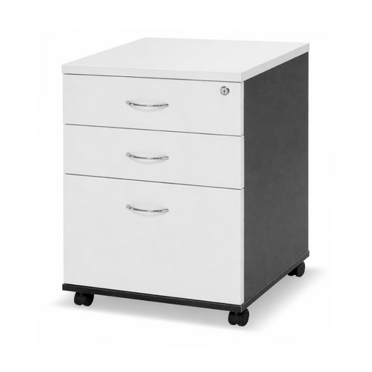 White and Ironstone three-drawer filing cabinet mobile pedestal with a grey outer section on a white background
