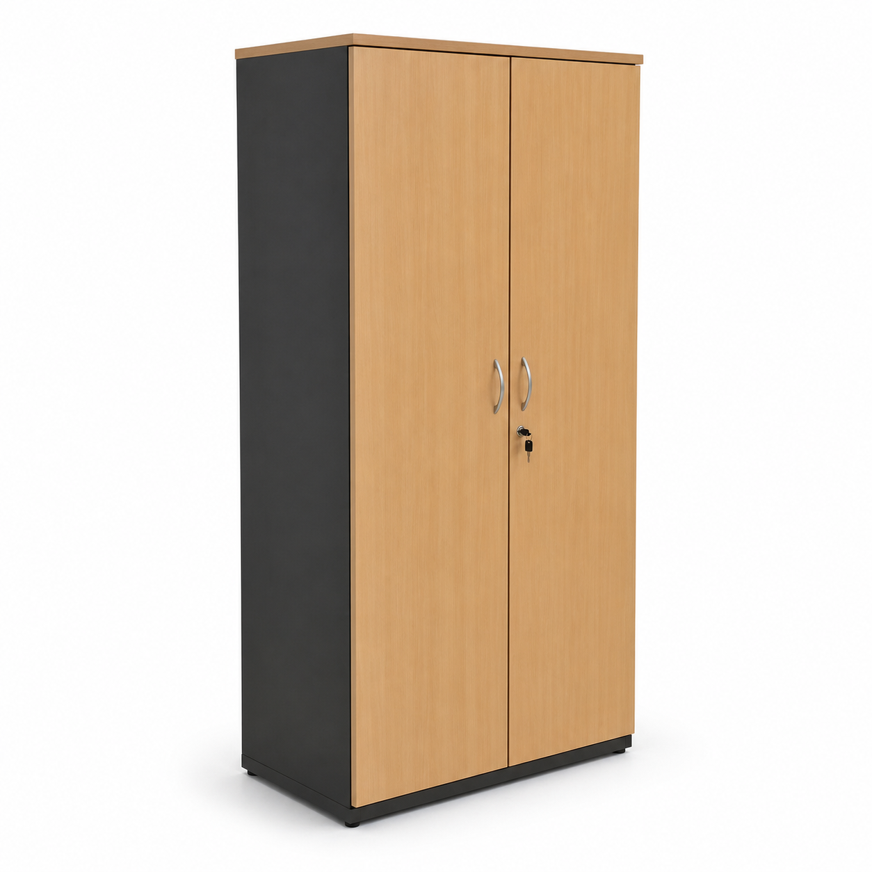 melamine wooden cabinet with ironstone grey base and Beech doors on a white background