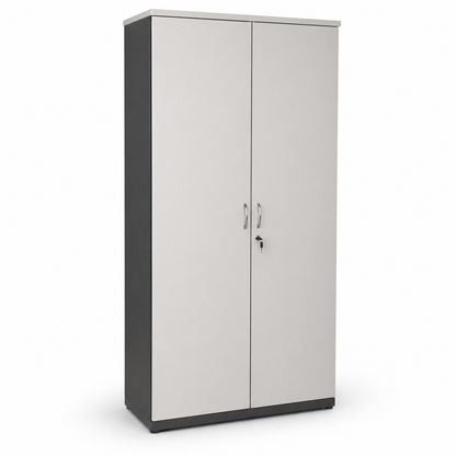 melamine wooden cabinet with ironstone grey base and white doors on a white background