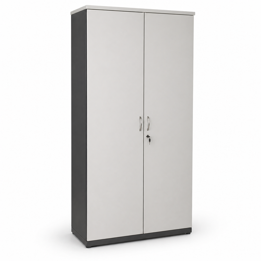 melamine wooden cabinet with ironstone grey base and white doors on a white background