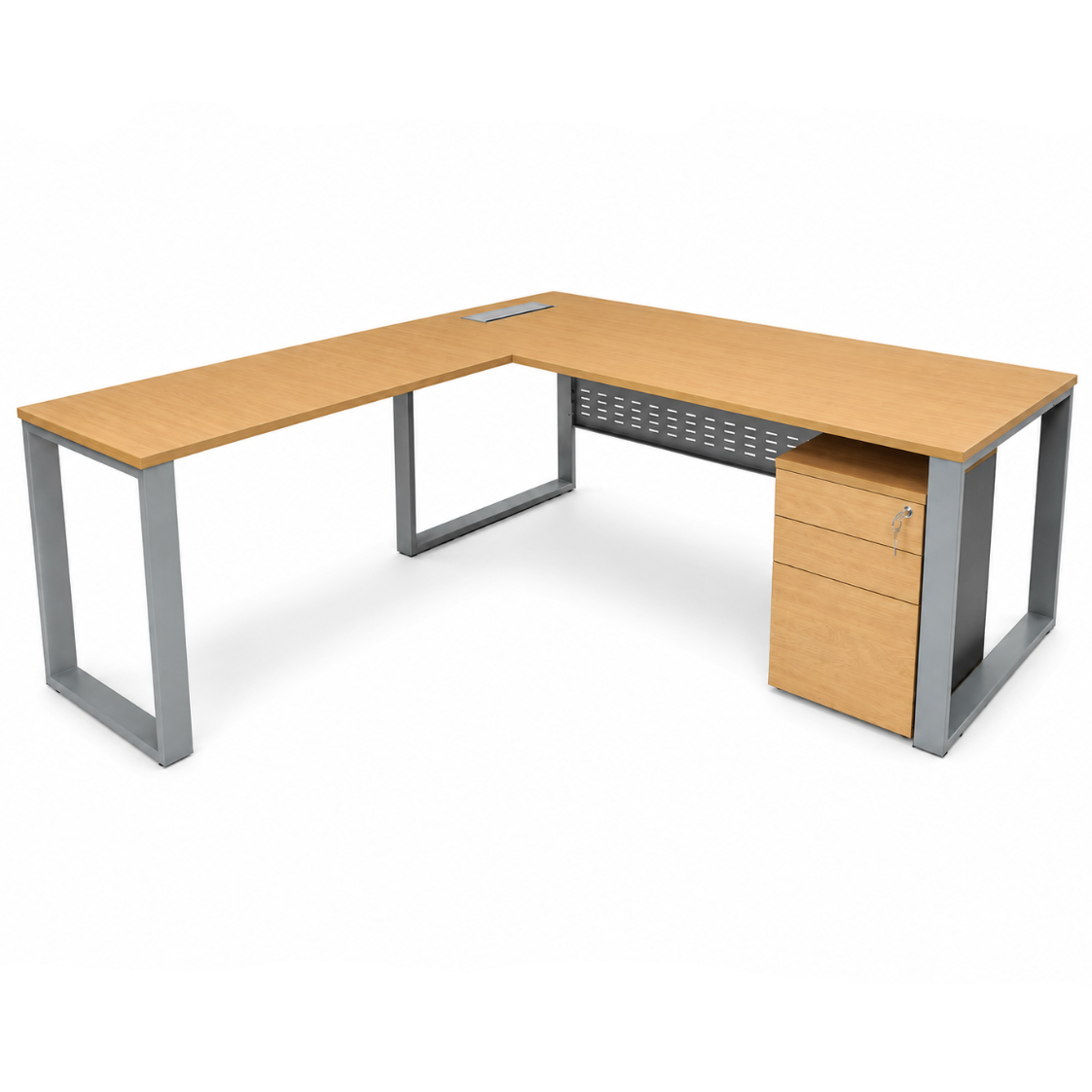 Wooden L-shaped desk with metal frame on a white background