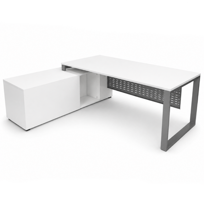White L-shaped desk with a metal frame on a white background