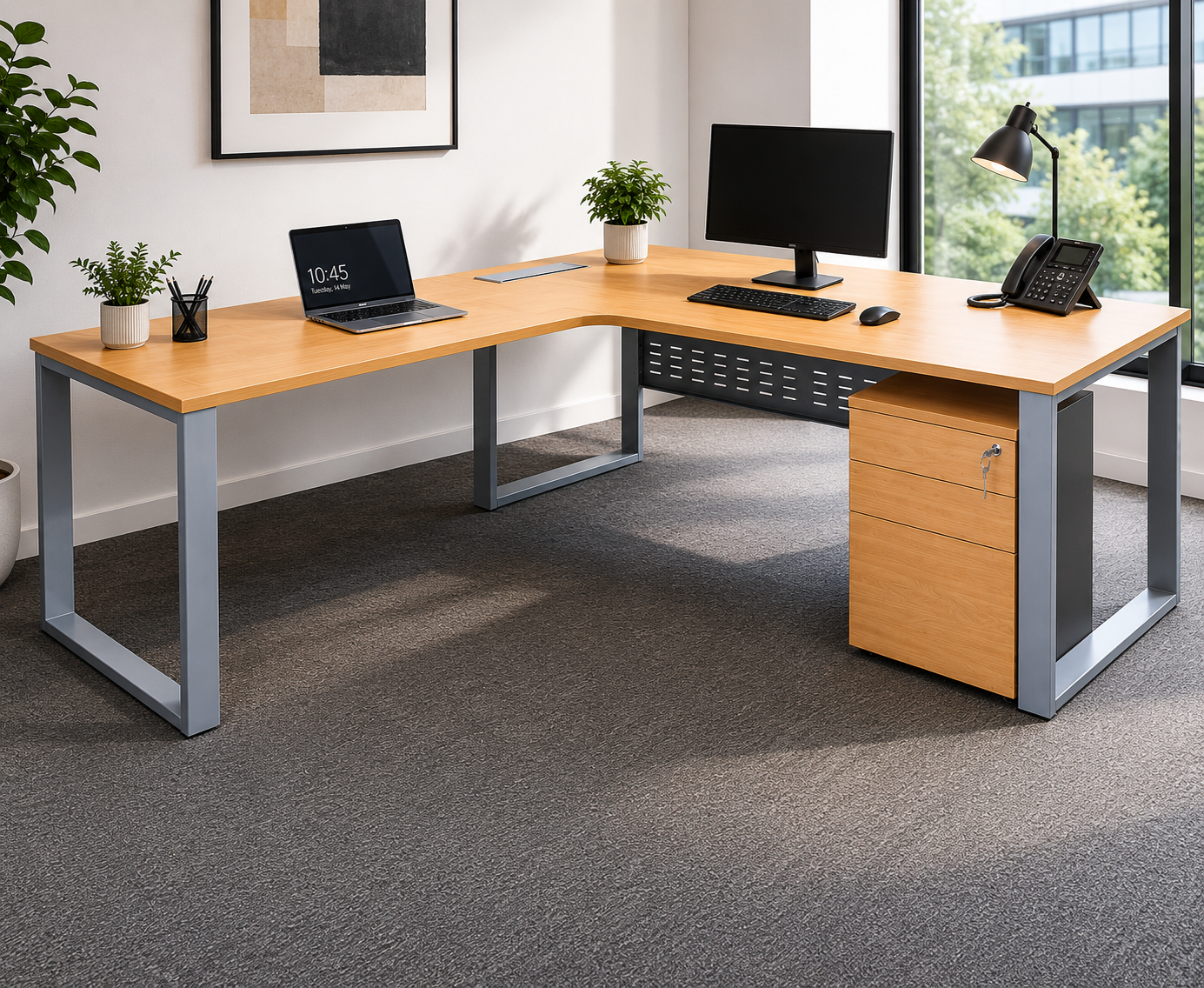 Modern office desk with computer setup in a bright room with large windows.