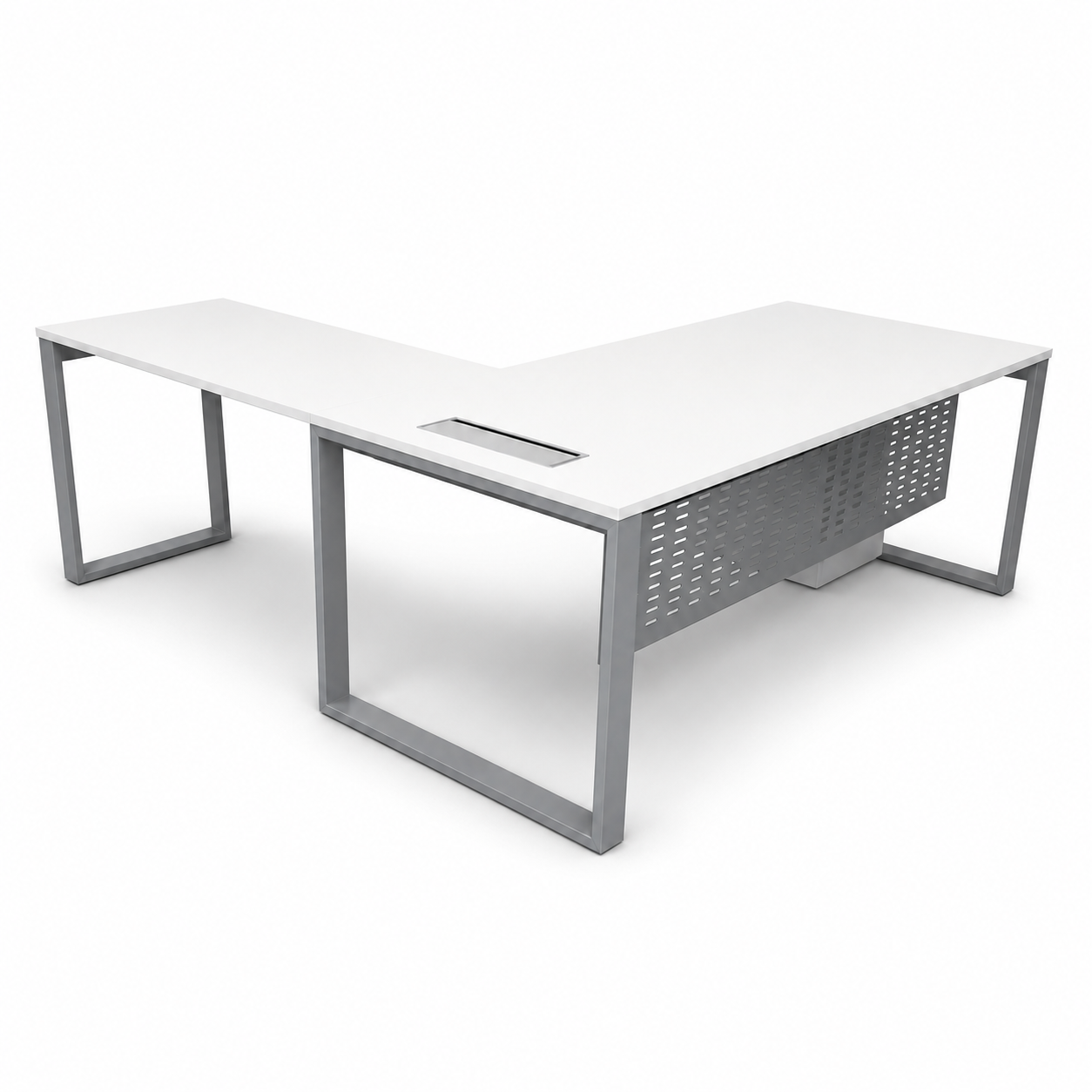 White office desk with metal frame on a white background