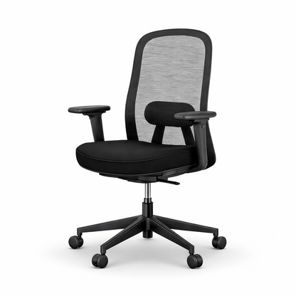 Black office task chair with mesh back and lumbar support on a white background