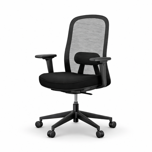 Black office task chair with mesh back and lumbar support on a white background