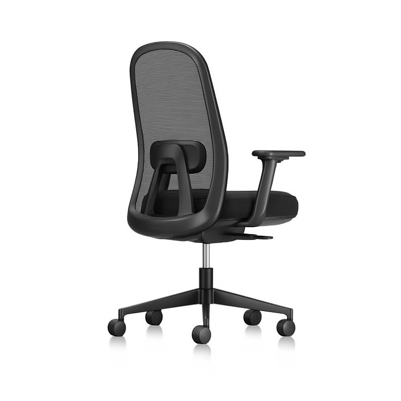 Black office chair with mesh back and lumbar support on a white background
