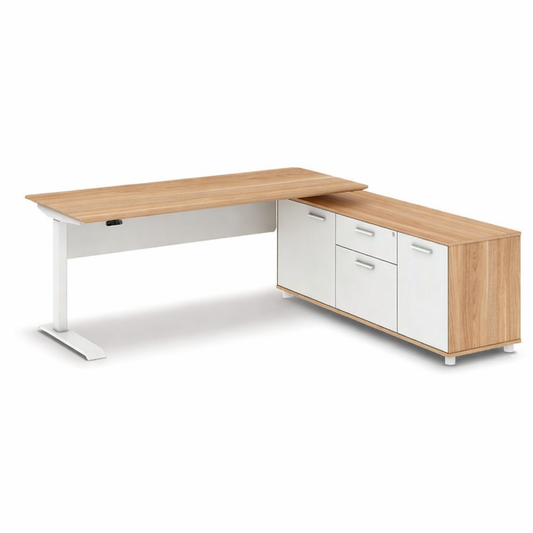 Height Adjustable L-shaped office desk with wooden top and white sideboard on a white background