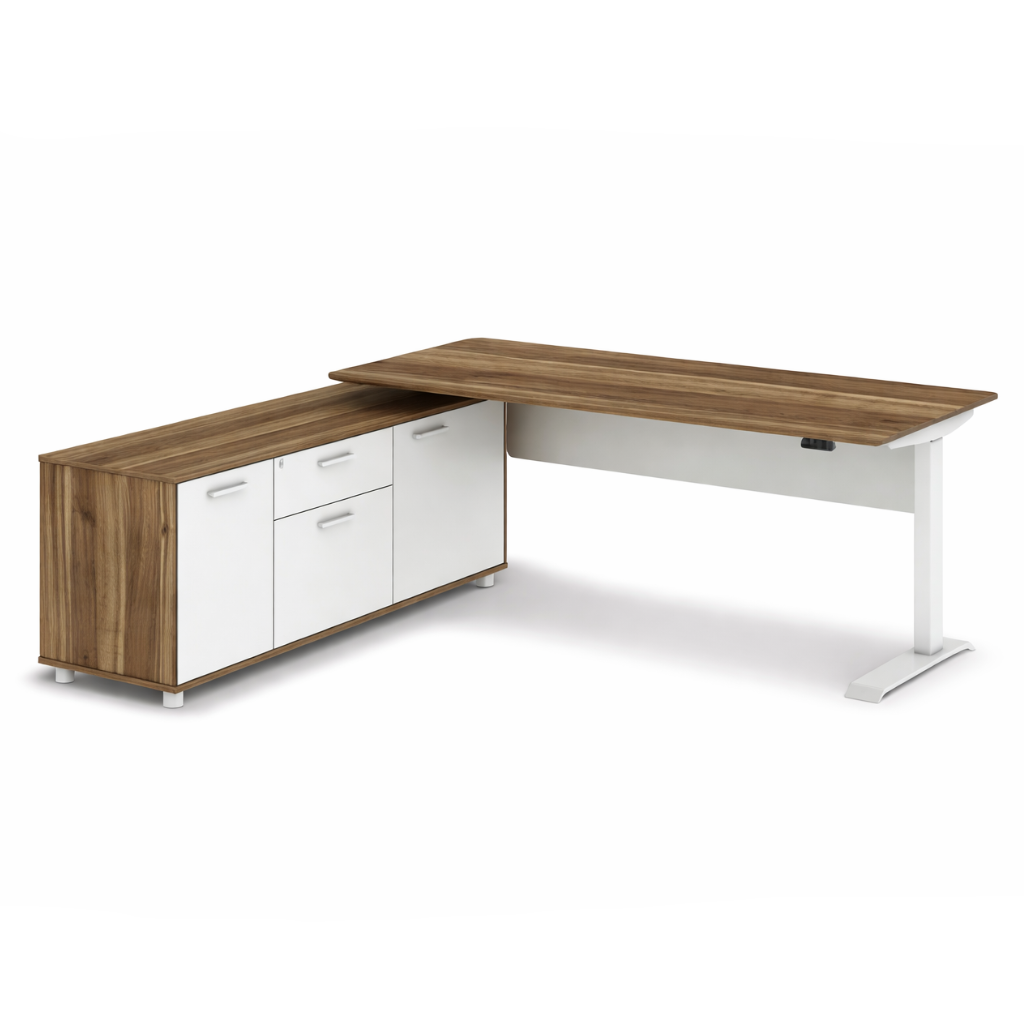 Height Adjustable L-Shape Corner office desk with wooden top and white sides on a white background