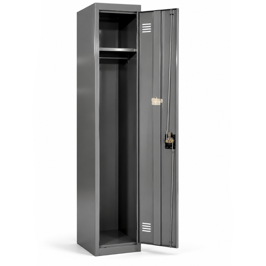 Gray metal locker with one door open on a white background