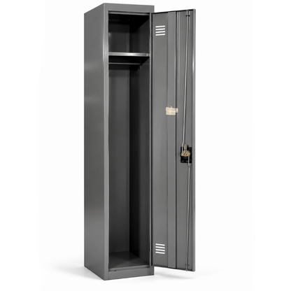 Gray metal locker with one door open on a white background