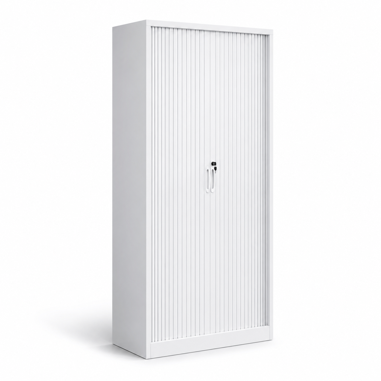 White office tambour cabinet with tambour doors on a white background