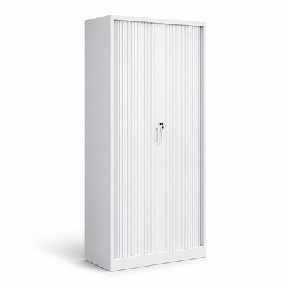 White office tambour cabinet with tambour doors on a white background