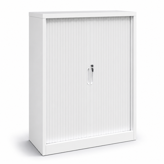 White tambour cabinet with a sliding retractable doors on a white background