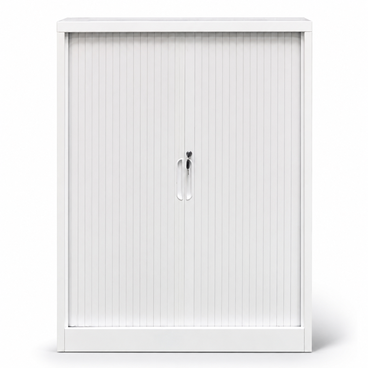 White tambour cabinet with a sliding retractable doors on a white background