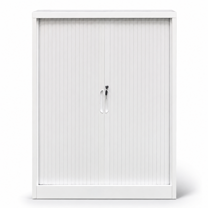White tambour cabinet with a sliding retractable doors on a white background
