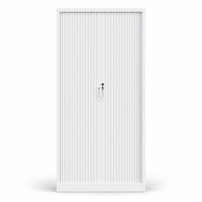 White vertical tambour cupboard on a white background