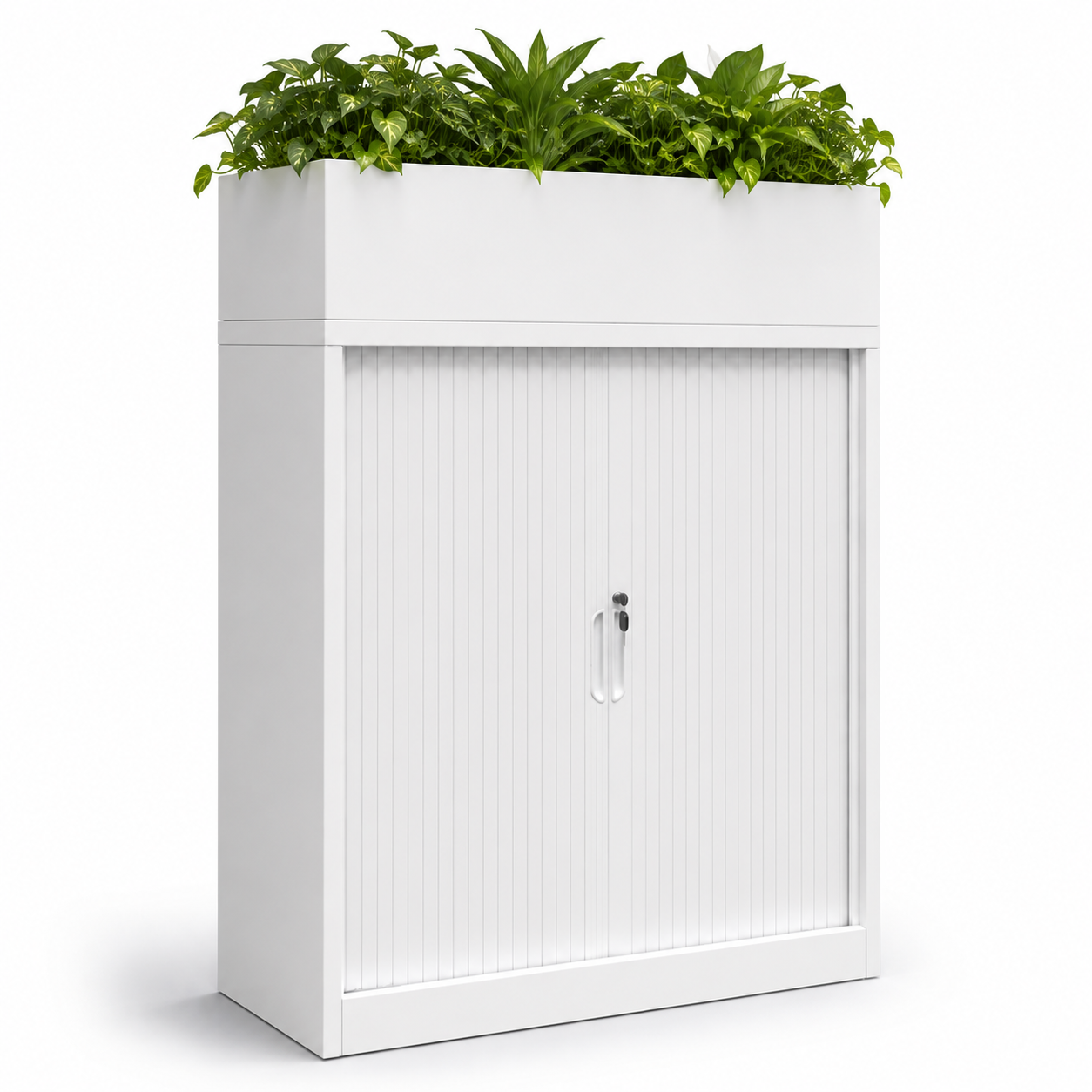 White tambour cabinet with a planter box and sliding retractable doors on a white background