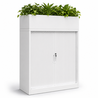 White tambour cabinet with a planter box and sliding retractable doors on a white background