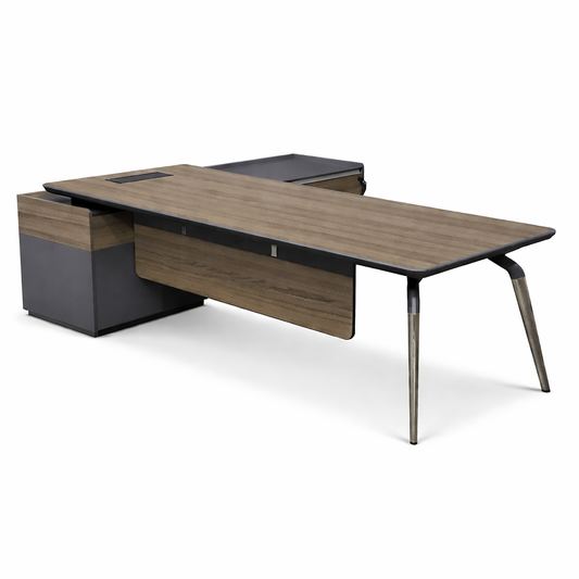 Modern L-shaped desk with wooden surface and metal legs on a white background