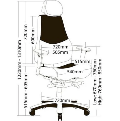 Measurement chart of an office chair with dimensions labeled.