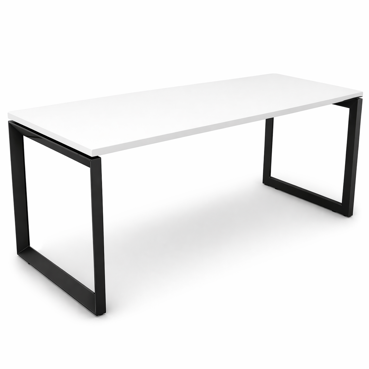 White bench desk with black metal legs on a white background