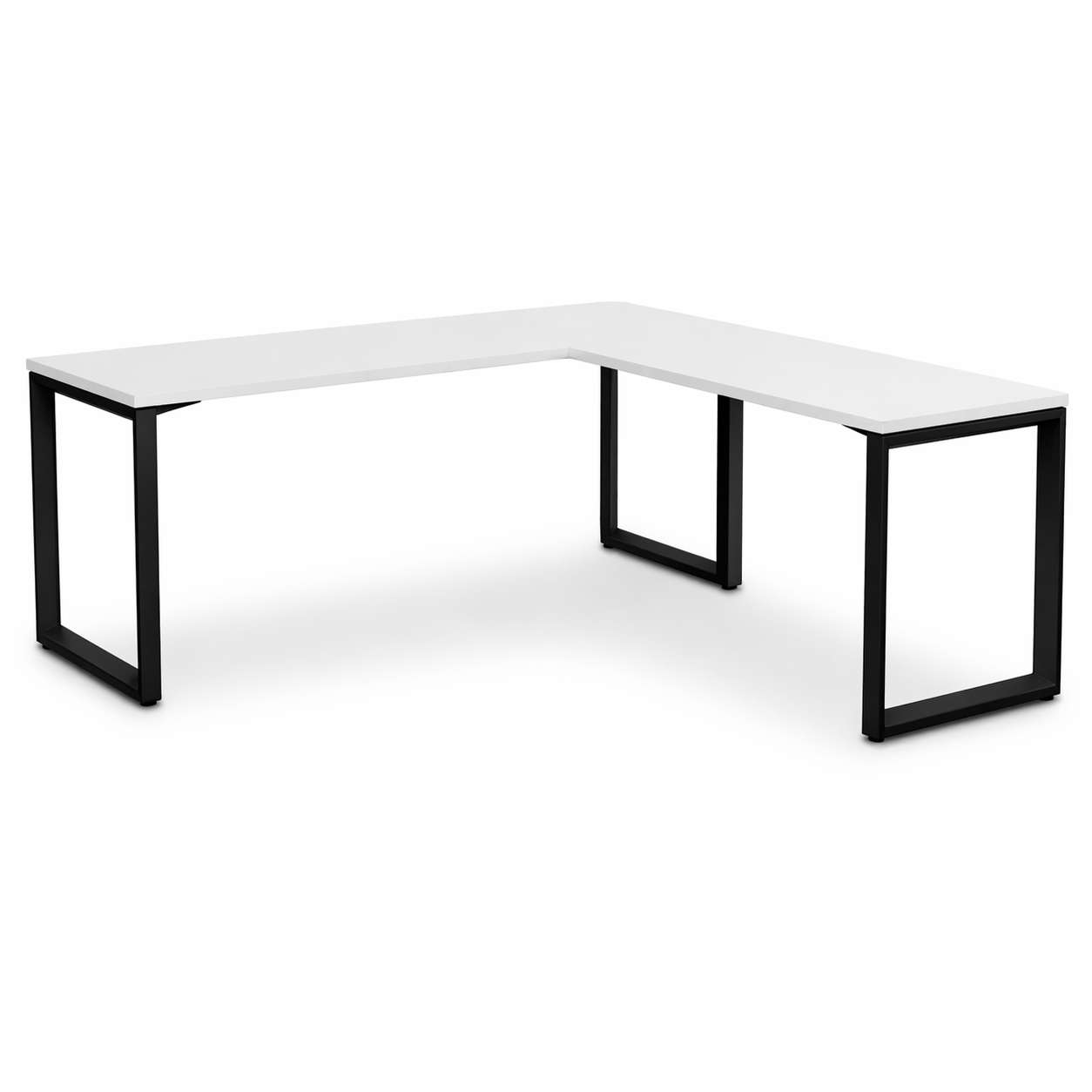 White L-shaped desk with black metal legs on a white background