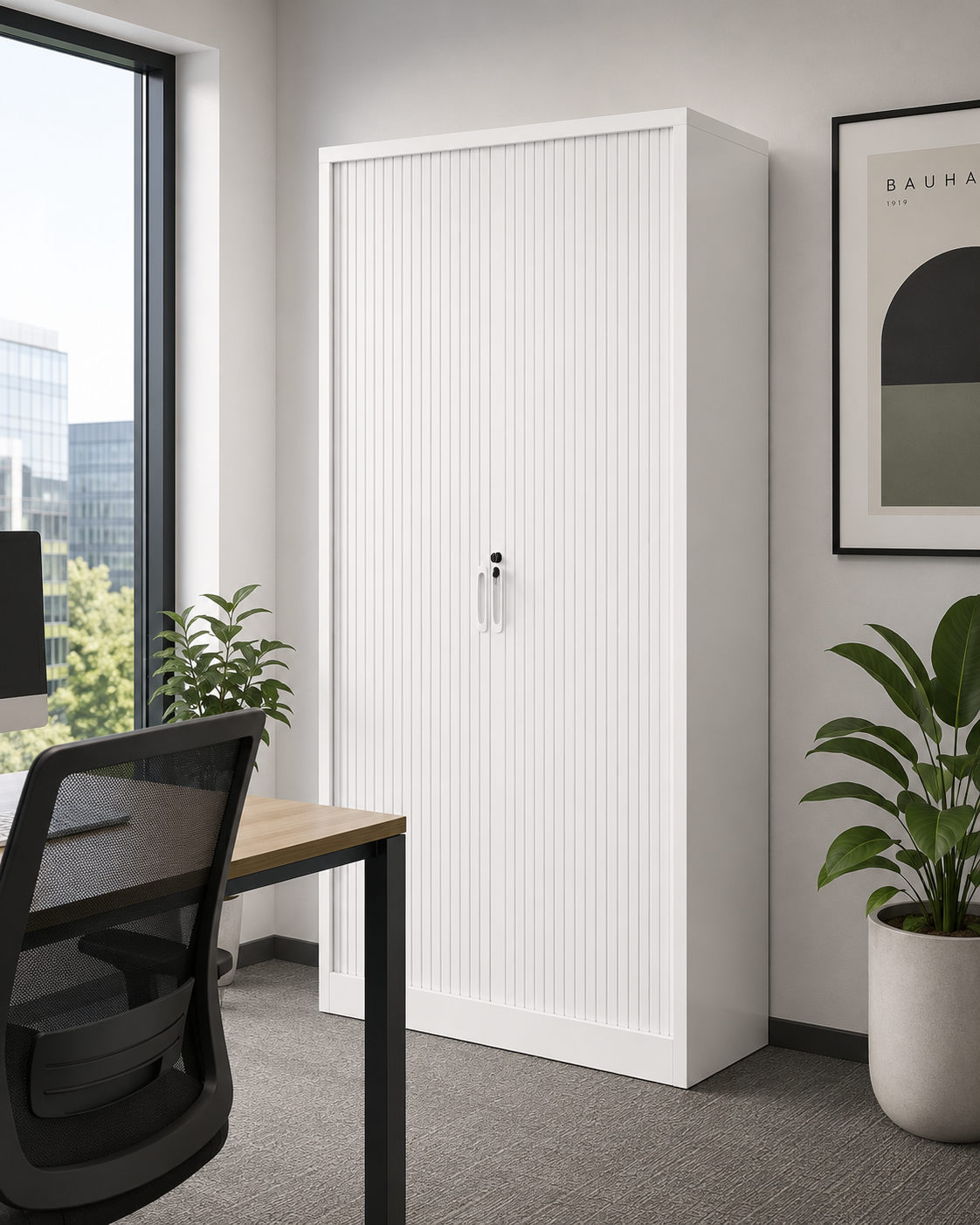 White storage cabinet in an office setting with a desk, chair, and plants.