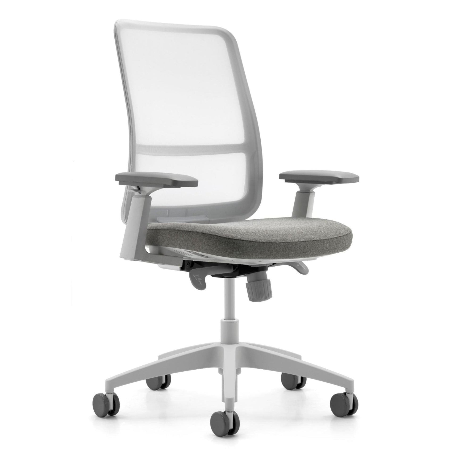 Gray office chair with mesh backrest on a white background