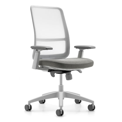 Gray office chair with mesh backrest on a white background