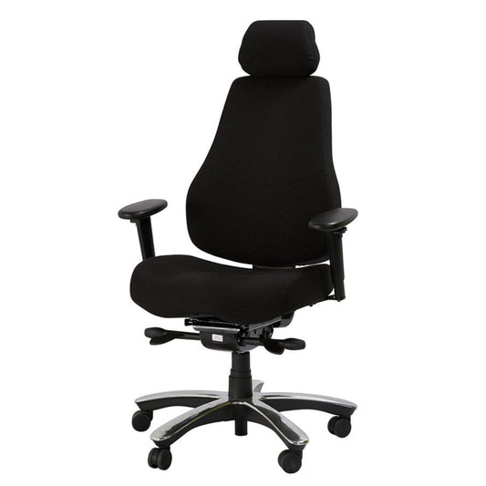 A black executive chair with a wide aluminum base, adjustable seat tilt, and pump-up lumbar support.